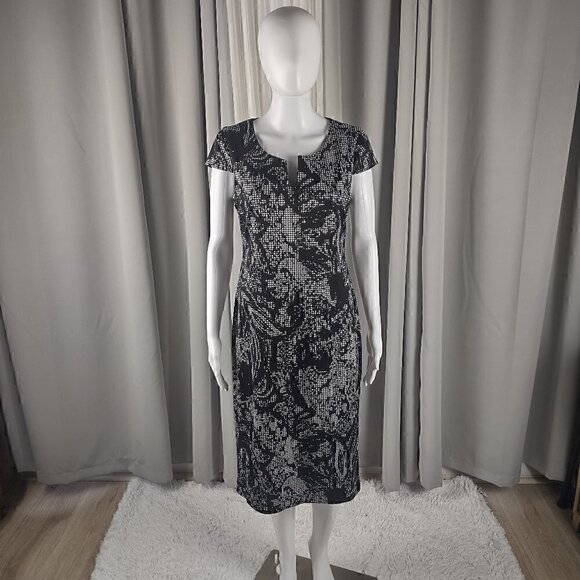 Connected Apparel Womens Embroidered Black, White Print Midi Sheath Dress Size 6 - Picture 1 of 10